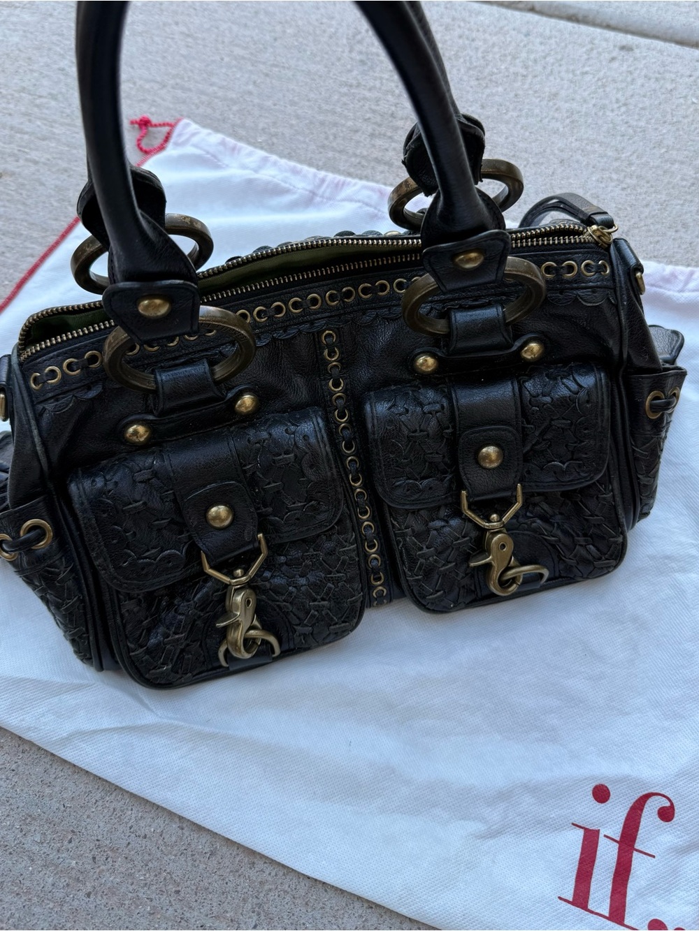 Isabella Fiore Black Leather Shoulder Bag with Brass Accents
